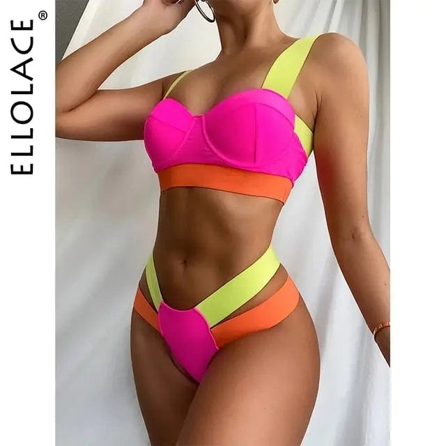 Journey of Becoming Pink / M Patchwork Sexy Swimwear