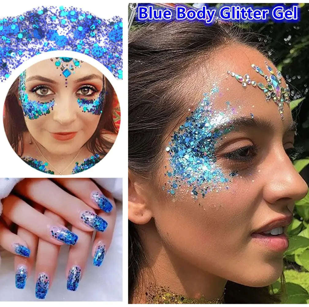 Go Ho Blue Face Body Glitter,Singer Concerts Blue Face Paint Glitter Makeup,Holographic Chunky Sequins Glitters for Eye Lip Hair Nails,Festival Glitter Rave Accessories,01 Blue Glitter 52g 001 Blue Body Glitter