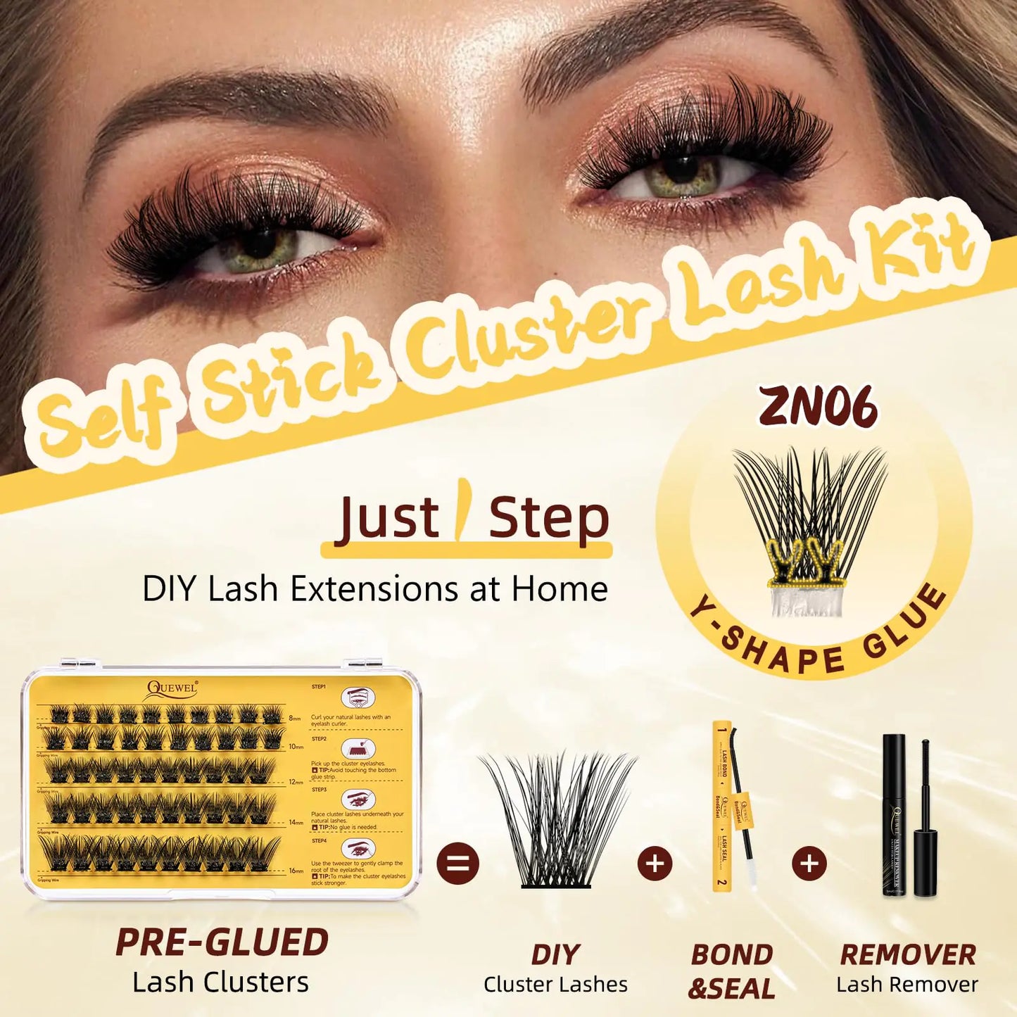 QUEWEL Self Adhesive Eyelashes Natural Look, No Glue Needed Lash Clusters with Eyelash Clusters Tweezer, 40 Pcs Reusable Lashes Self Adhesive for Beginners, DIY Lash Extensions for Home Use(ZN-06) 1-ZN-06-MIX8-16