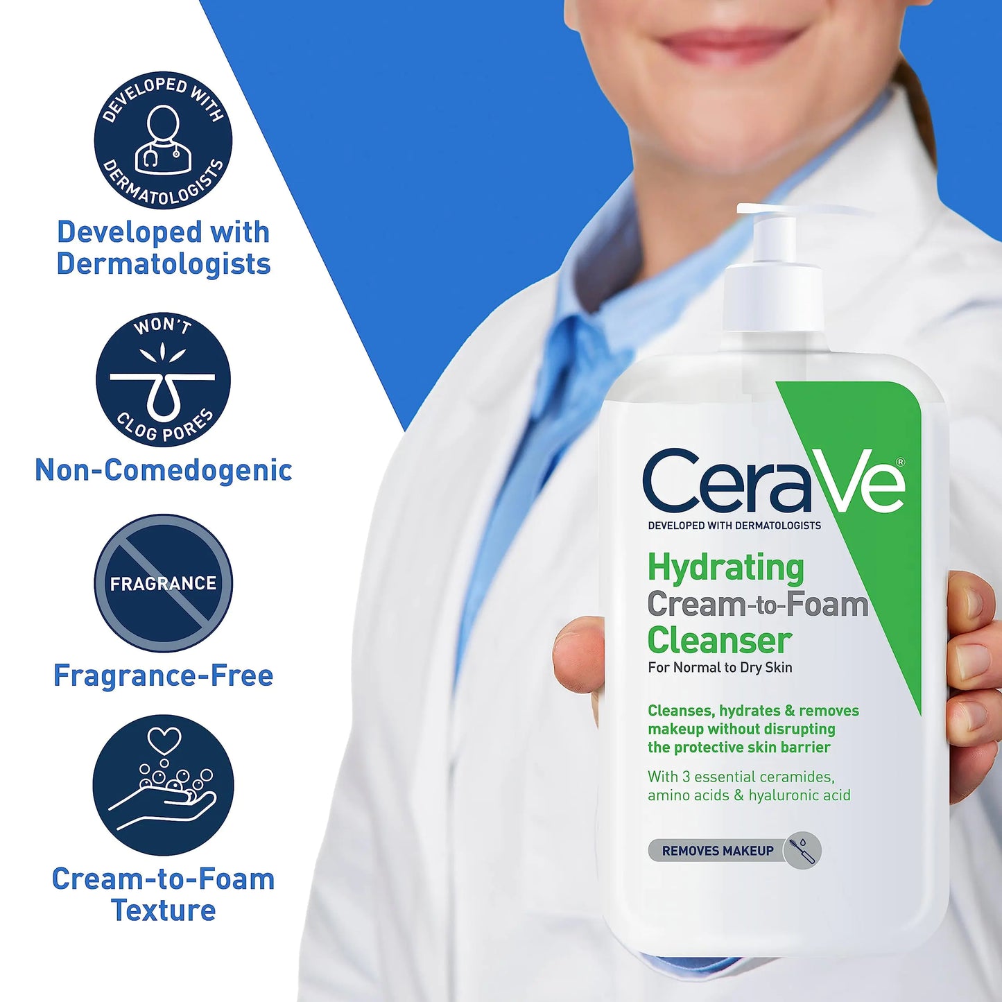 CeraVe Hydrating Cream To Foam Cleanser | Makeup Remover Face Wash For Dry Skin | Foaming Facial Cleanser With Hyaluronic Acid | Normal To Dry Skin | Fragrance Free & Non Comedogenic | 19 Fluid Ounce 19 Fl Oz (Pack of 1)