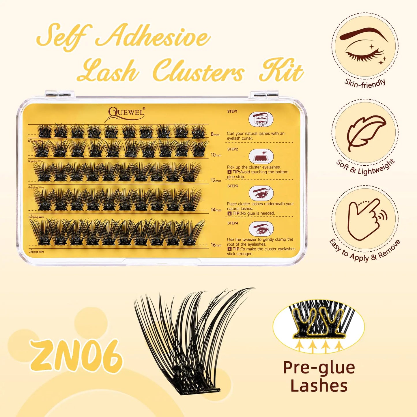 QUEWEL Self Adhesive Eyelashes Natural Look, No Glue Needed Lash Clusters with Eyelash Clusters Tweezer, 40 Pcs Reusable Lashes Self Adhesive for Beginners, DIY Lash Extensions for Home Use(ZN-06) 1-ZN-06-MIX8-16