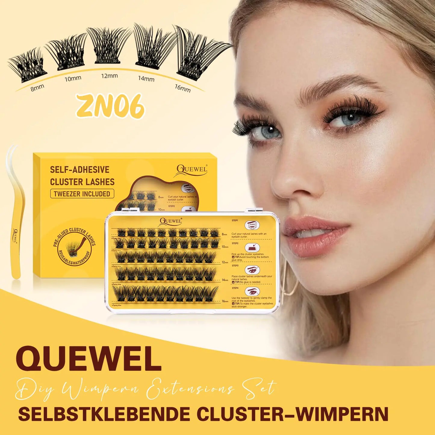 QUEWEL Self Adhesive Eyelashes Natural Look, No Glue Needed Lash Clusters with Eyelash Clusters Tweezer, 40 Pcs Reusable Lashes Self Adhesive for Beginners, DIY Lash Extensions for Home Use(ZN-06) 1-ZN-06-MIX8-16