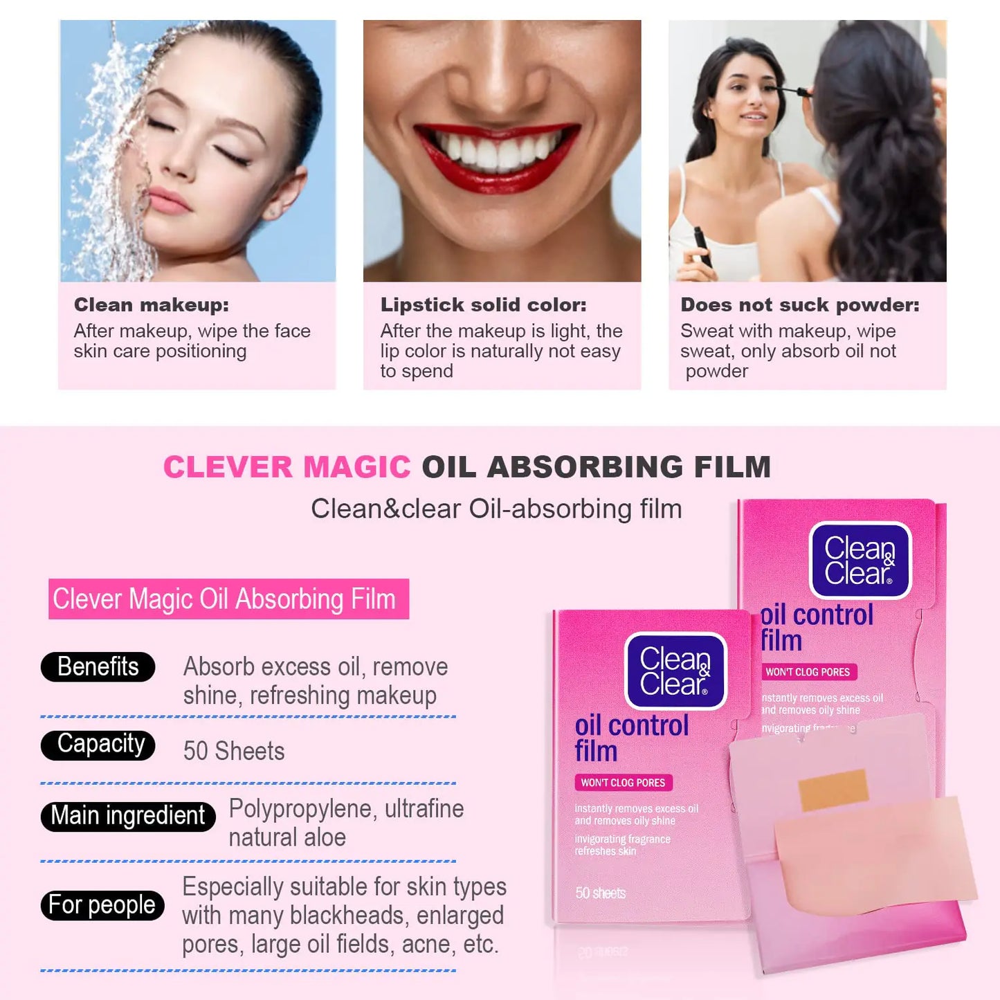 Oil Control Film Replacment for Clean & Clear Oil-absorbing Sheets 100 Sheets (Grapefruit Fragrance) Oil Blotting Sheets for Face,9% Larger,Makeup Friendly Handy Face Blotting Paper for Oily Skin 50 Count (Pack of 2) Pink