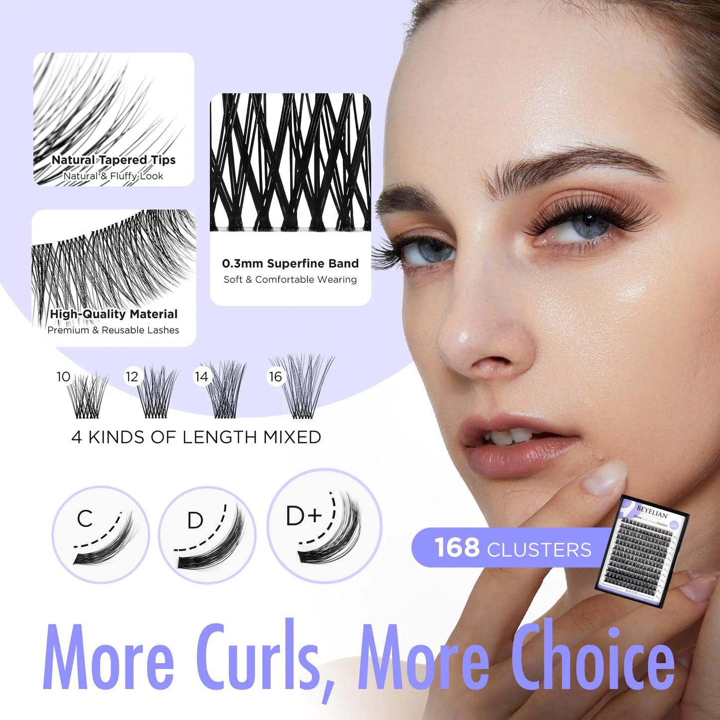 BEYELIAN DIY Lash Extension Kit with 168 Pcs D+ Cluster Lashes Kit Lash Clusters Lash Bond and Seal Lash Remover and Eyelash Applicator for Beginner DIY at Home (Style3, Clear Band) DIY Lash Kit 703 D+ Curl Clear