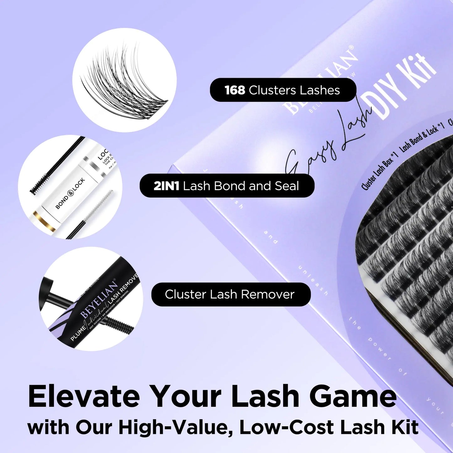 BEYELIAN DIY Lash Extension Kit with 168 Pcs D+ Cluster Lashes Kit Lash Clusters Lash Bond and Seal Lash Remover and Eyelash Applicator for Beginner DIY at Home (Style3, Clear Band) DIY Lash Kit 703 D+ Curl Clear