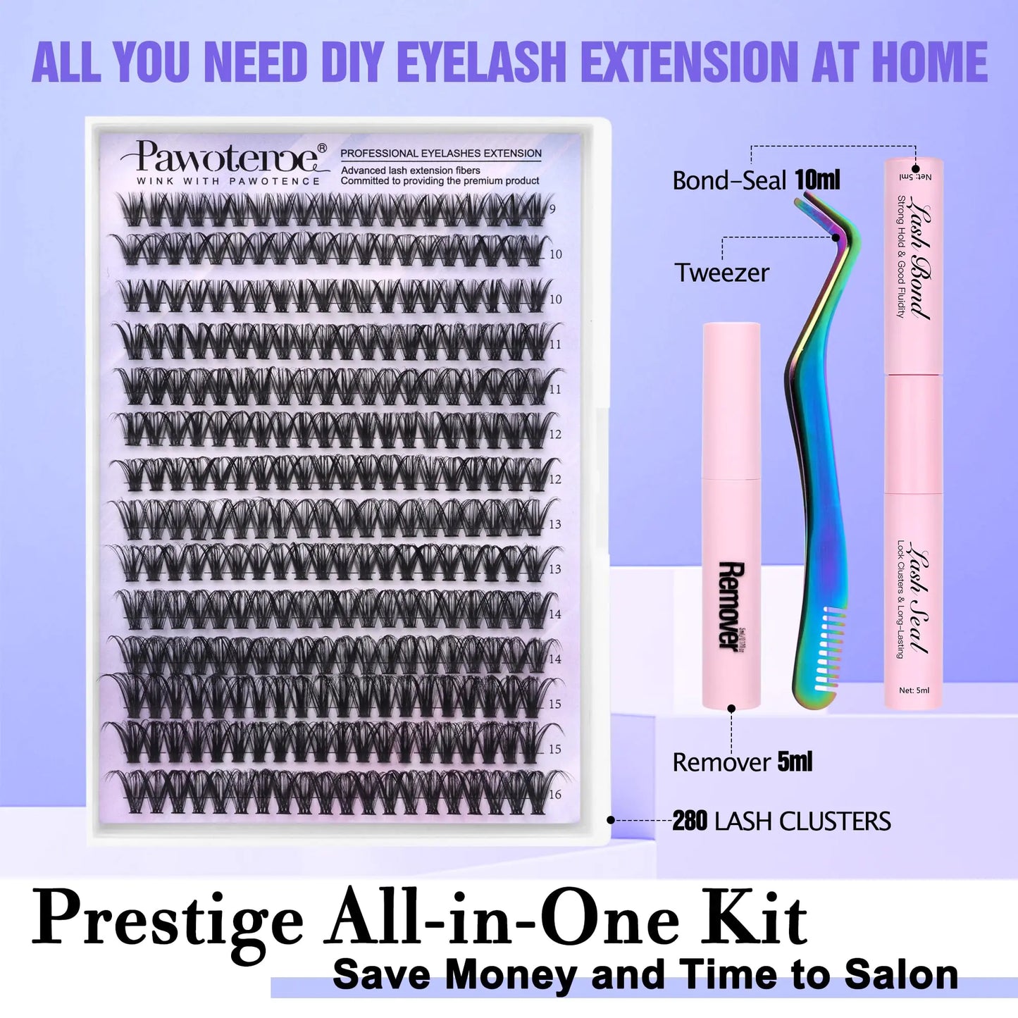 Pawotence Lash Extension Kit DIY 280pcs Individual Lash Clusters Kit 9-16mm 40D Cluster Eyelash Extension Kit with Lash Bond and Seal, Lash Remover, Lash Tweezers for Self Use (40D, 9-16mm, All Kit) 40D KIT all prestige