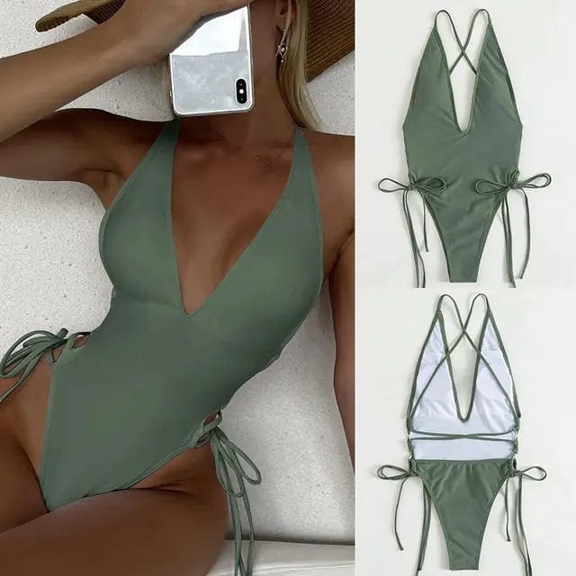 Journey of Becoming Army Green / Extra Large Lace-Up One-Piece: Swimwear Elegance