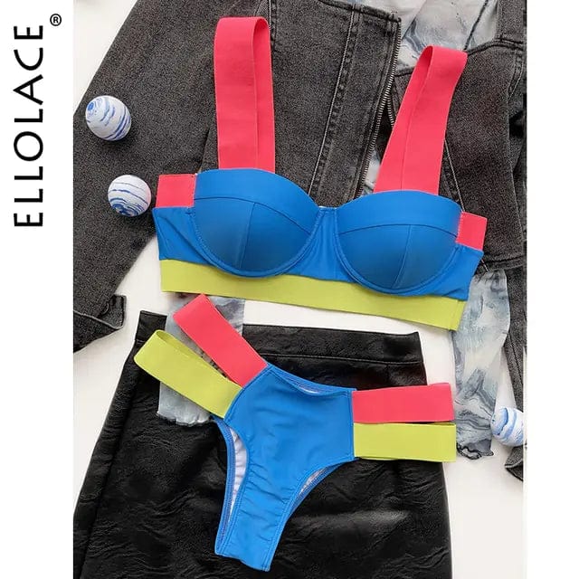 Journey of Becoming As See Blue / L Patchwork Sexy Swimwear