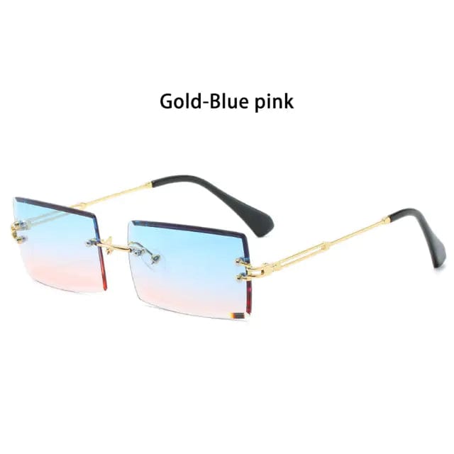 Journey of Becoming Gold-Blue pink Rimless Small Rectangle Sunglasses UV400 Eyewear