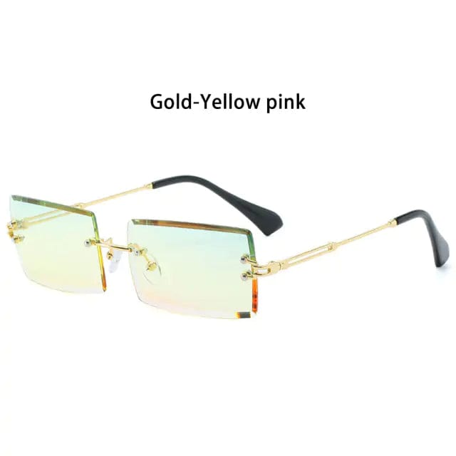 Journey of Becoming Gold-Yellow pink Rimless Small Rectangle Sunglasses UV400 Eyewear