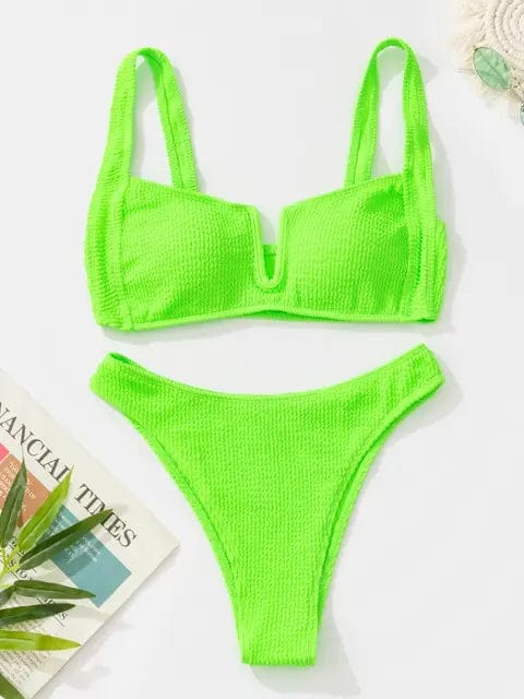 Journey of Becoming Neon Green / L Deep-V Sexy Push Up Swimwear