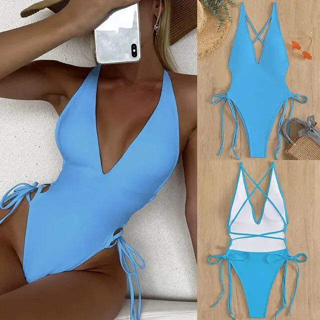 Journey of Becoming Sky Blue / Extra Large Lace-Up One-Piece: Swimwear Elegance