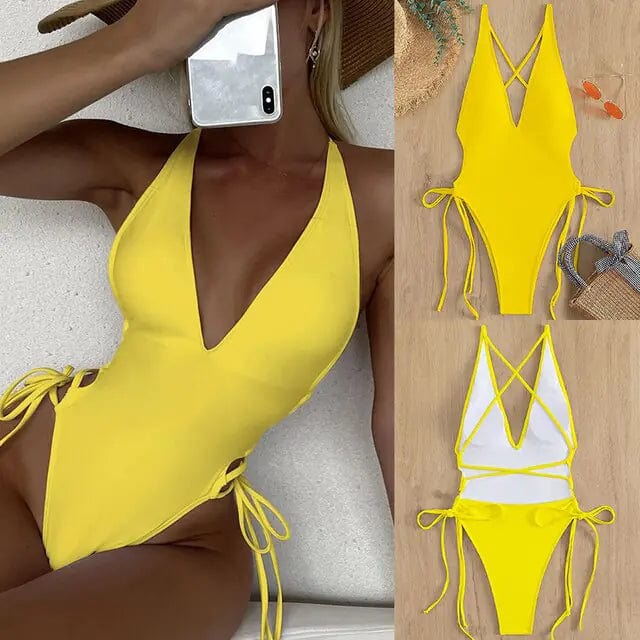 Journey of Becoming Yellow / Extra Large Lace-Up One-Piece: Swimwear Elegance