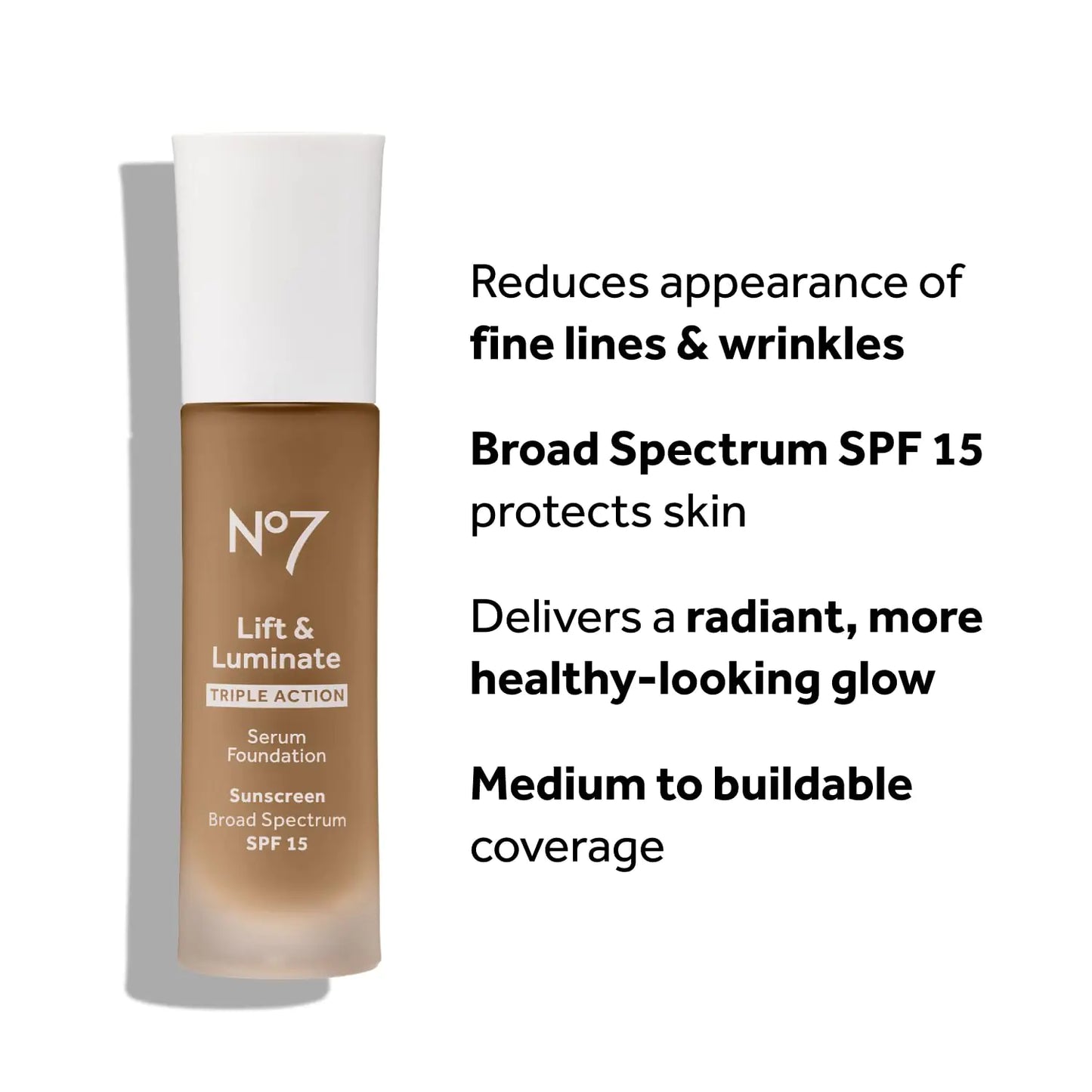 No7 Lift & Luminate Triple Action Serum Foundation - Toffee - Liquid Foundation Makeup with SPF 15 for Dewy, Glowy Base - Radiant Serum Foundation for Mature Skin (30ml) 1 Fl Oz (Pack of 1) 15 - Toffee