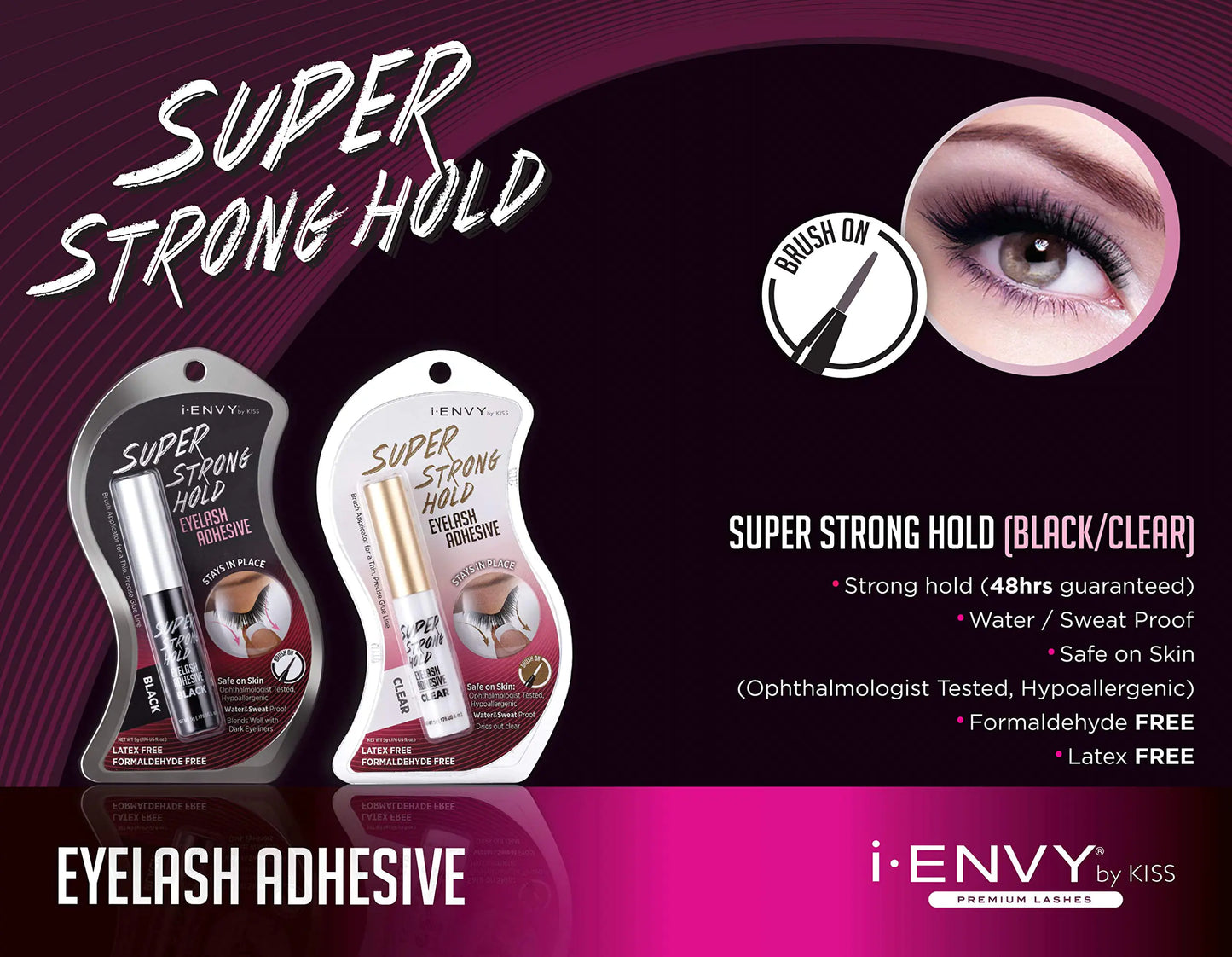 i-Envy by KISS Super Strong Hold Eyelash Adhesive, Waterproof Long-Lasting Strip Lash Glue, Natural-Looking Allergy & Latex Free with Brush Applicator (Clear, 36 Pack)