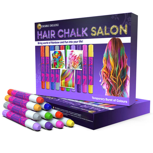 Desire Deluxe Hair Chalk for Girls Makeup Kit of 10 Temporary Colour Pens Gifts, Great Toy for Kids Age 5 6 7 8 9 10 11 12 13 Years Old, "Blue,Green,Grey,Pink,Purple